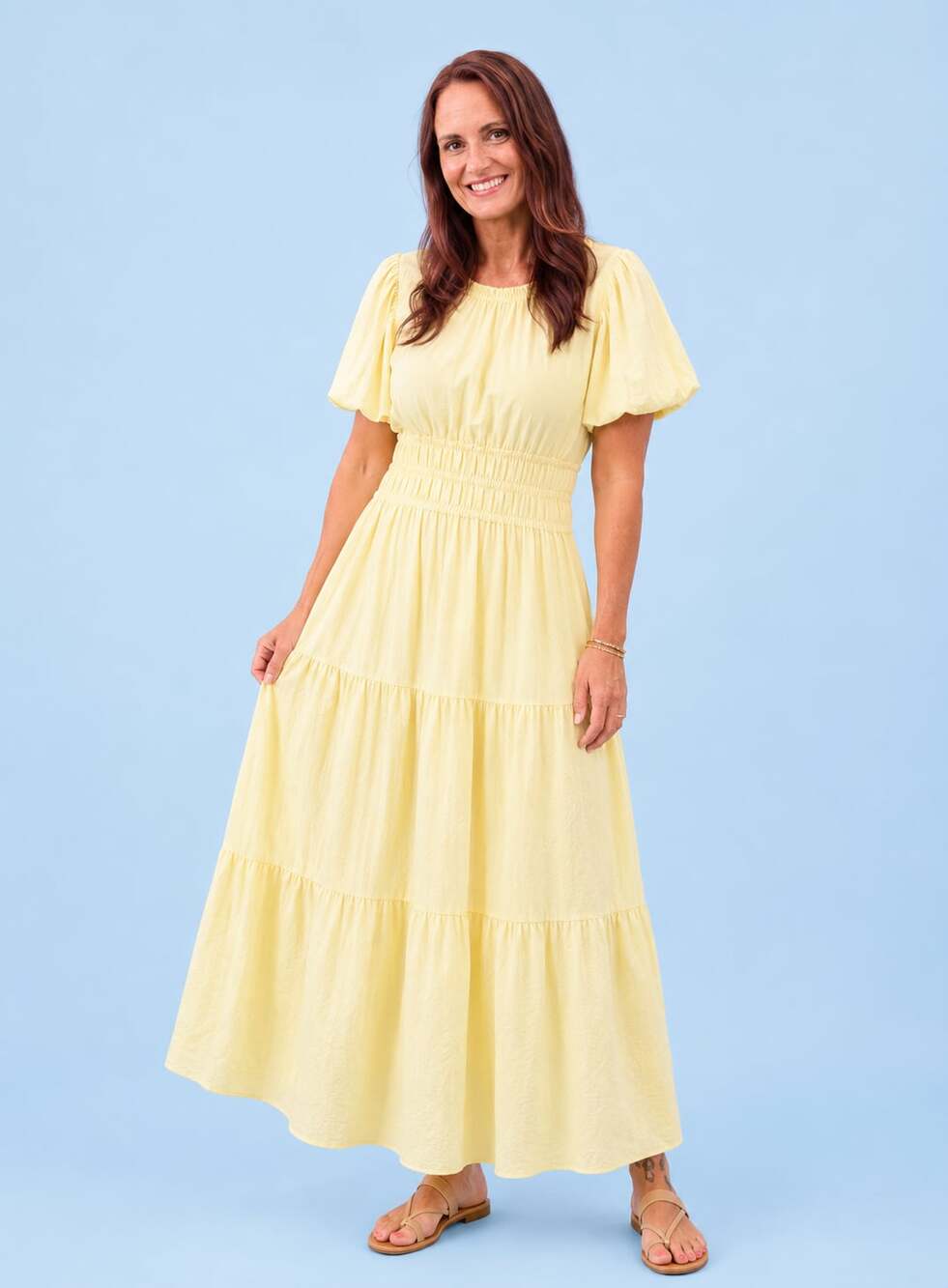THML Women's Yellow Puff Sleeve Tiered Midi Dress Size M - Picture 1 of 4
